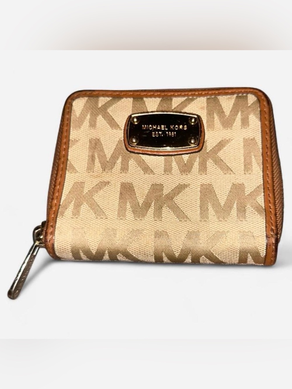Michael Kors Beige Monogram Zip Wallet with Gold Plaque